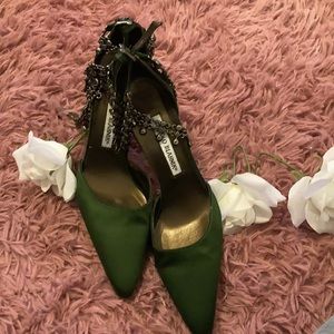 Manolo Blahnik green satin chained ankle heels